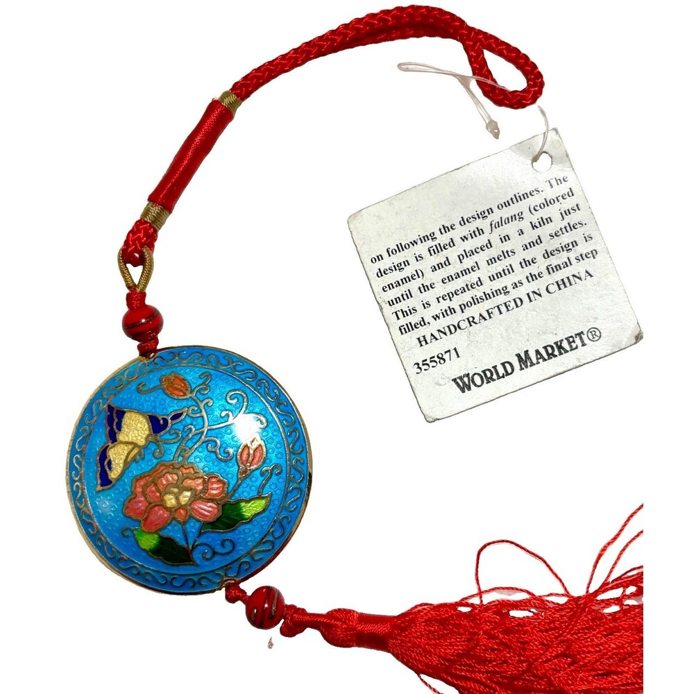 World Market Double-Sided Cloisonné Butterfly Peony Hanging Ornament Tassel Tag
